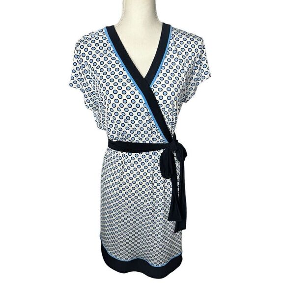 T Tahari Women's Blue Polka Dot Belted Shift Sheath Shirt Dress Size Large - Picture 1 of 6